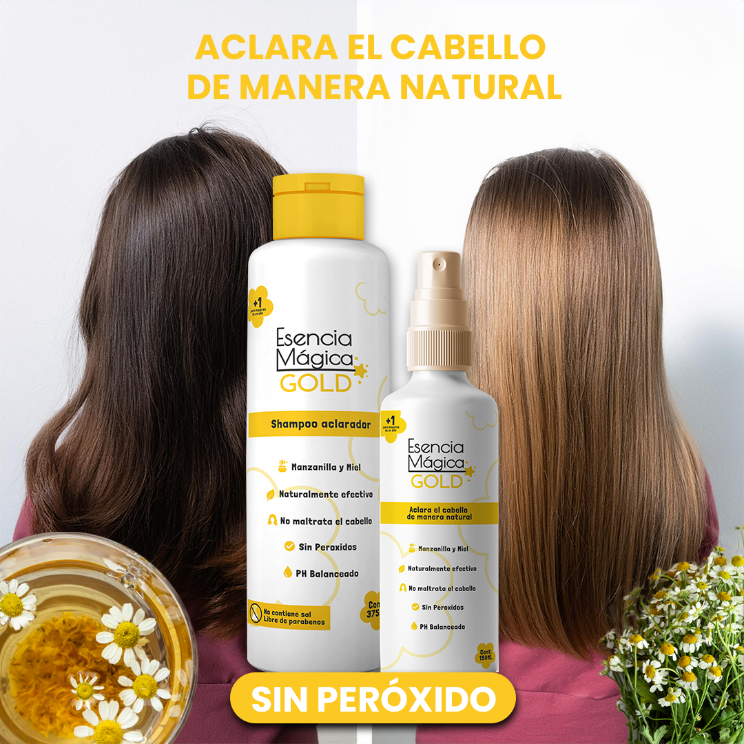 Kit Aclarador Natural de Cabello para niños Esencia Mágica Gold®  Shampoo Aclarador+Spray Aclarador e Hidratante